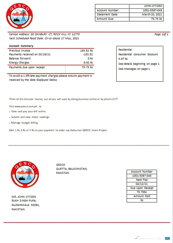 Pakistan Quetta Electric Supply Company electricity utility bill template in Word and PDF format